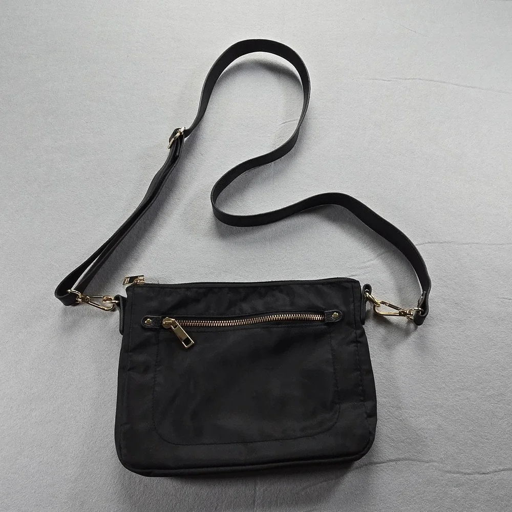 A New Day Black Nylon Crossbody Bag Gold Hardware Adjustable Strap Zip Pocket